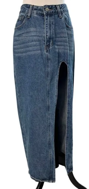 Women’s Blue Denim Maxi Skirt Front Slit Size M Cotton Jean Skirt Long thumbnail 1