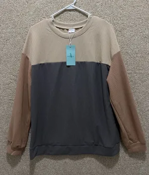 NWT color block long sleeved shirt neutral fall tones elevated basic medium Flaw Tan thumbnail 1