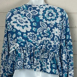 O'Neill Mary Christina Floral Cropped Boho Beach Top Blue Top size L thumbnail 6