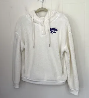 Colosseum K-State Cream Fuzzy 1/4 Button Up Hooded Pullover Top ~ Size M thumbnail 1