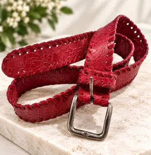 Red Floral Embossed Leather Belt Whipstitch Edges Silver Buckle Wide thumbnail 1