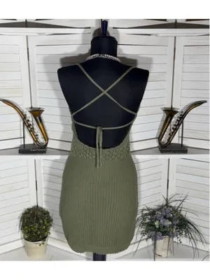 Y2K mini dress sage green crocheted cotton boho fairy backless festival grunge L thumbnail 2