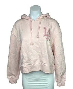 NEW Primark Light Pink Los Angeles Pullover Hoodie Crop Fleece Sweatshirt Size S thumbnail 1