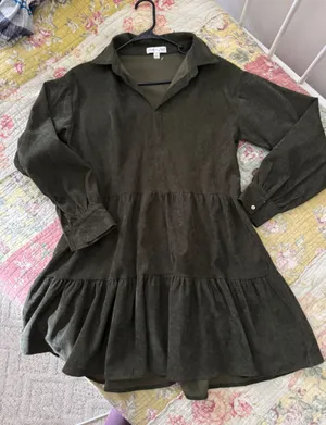 She + Sky Olive Corduroy tiered long sleeveDress thumbnail 1