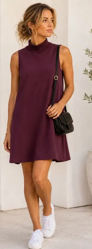 Athleta Initiative Mock Neck Mini Shift Dress Women SM Tall Plum Sleeveless Zip thumbnail 1