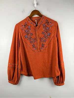 Free People Orange Cedar Sundance Kid Embroidered Western Henley Shirt Size S thumbnail 3