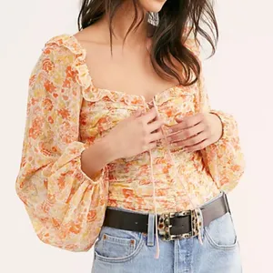 Free people Mable floral top‎ peach Sz S balloon sleeve thumbnail 3