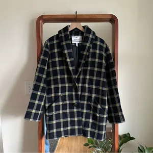 Derek Lam 10 Crosby Plaid Cocoon Coat Women's 4 Navy and Yellow Wool Blend Lined thumbnail 3