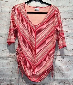 Columbia anytime casual striped tunic Omni wick large cinched sides V-neck pink thumbnail 1