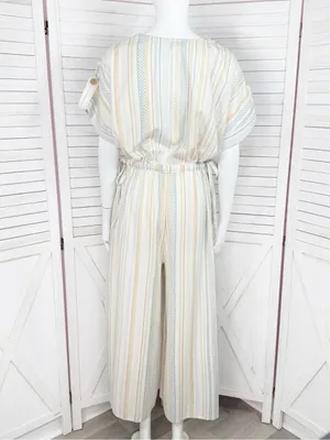 World Market Shilo Striped Wide Leg Cinch Waist‎ Jumpsuit Ivory Multi Cropped thumbnail 5
