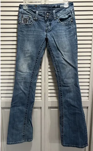 Miss Me Easy Boot Denim Jeans‎ Embroidered/Gems Med Wash Logo Size 26 Low Rise thumbnail 1