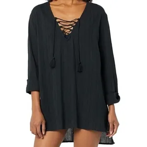 SALE Billabong Black Lace-Up Beach Cover-Up Dress Long Sleeve Boho Small thumbnail 6