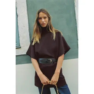 Zara Brown Mock Neck Short-Sleeve Top/Dress Size Medium Tunic Minimalist thumbnail 12