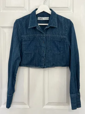 Zara Cropped Denim Shacket Utility Western Minimalist Y2K Button Up Blue Size XS thumbnail 2