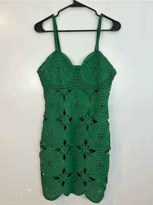 FORE Emerald Green Knit Crochet Sleevless Scallop Cotton Mini Dress Size Large thumbnail 2