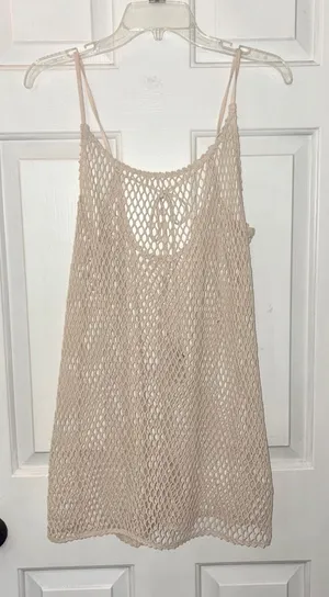 Cream Crochet Open Knit Sleeveless Tunic/Cover-Up thumbnail 1