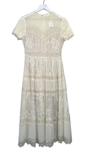 Bohme NWT Short Sleeve Lace Midi Dress Ivory Size Small thumbnail 1