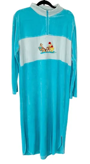 DISNEY Vintage Winnie‎ Pooh Christmas Maxi Nightgown Pullover Robe Blue Womens L thumbnail 1