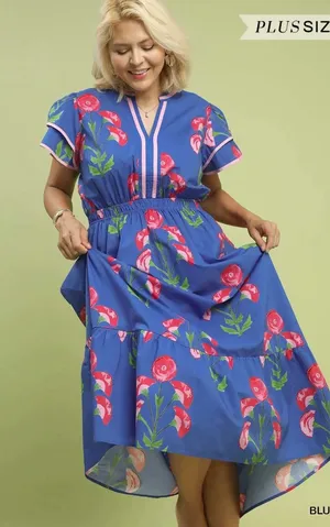 New! Umgee Plus Size Floral Blossom Meadow Print Pedal Sleeve Midi Dress Size 1X thumbnail 1