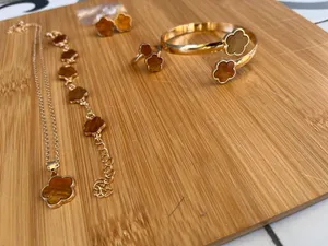 Gold & Brown Clover Flower Jewelry Set - Necklace, Bracelet, Ring, Earrings thumbnail 4