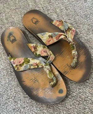 Xhilaration Floral Fabric Strap Sandals - Brown with Green & Pink Accents thumbnail 1