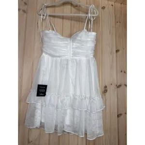 NWT Lulus Angelic Approach White Chiffon Ruffled Tie-Strap Mini Dress Party Sz L thumbnail 5