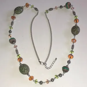 Beaded Green Ceramic and Orange Boho Chic Necklace thumbnail 2