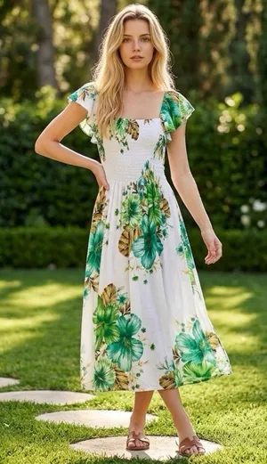 Women Floral Dress Small Cottagecore Tropical Smocked Midi Lightweight Vacation thumbnail 1
