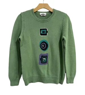 Julianne Vintage Green Art To Wear Sweater Crewneck‎ Graphic Knit Boho Sz M thumbnail 1
