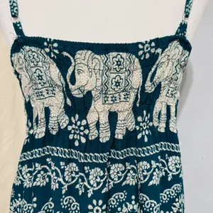 Boho Elephant Print Sundress Dress Size‎ S Teal Cream Smocked Back Mini Thailand thumbnail 6