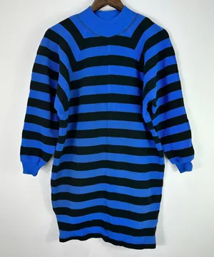 Karen Kane Sweater Dress Womens Large Blue Black‎ Striped Mock Neck Vtg 80s thumbnail 1
