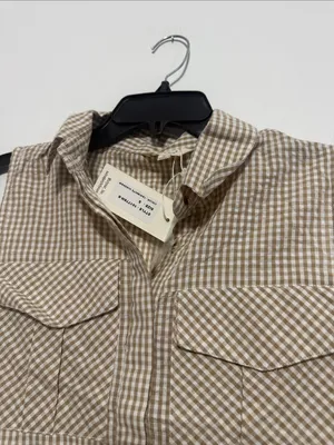 Sim & Sam Sleeveless Gingham Button Front Top in Beige thumbnail 3