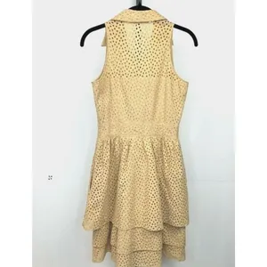 Ellen Tracy Eyelet Dress Womens 2P Tan Cotton Tiered Fit Flare Midi Shirt Dress thumbnail 2
