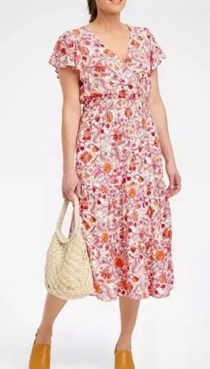Knox Rose NWT Pink and Orange Floral Calla Lily Flutter Sleeve Maxi Dress Large thumbnail 1