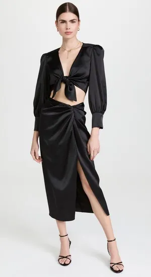 New black satin tie front top thumbnail 4