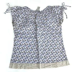 Banana Republic Blue White Brown Tie Sleeve Floral Cotton Top, Sz Medium thumbnail 3