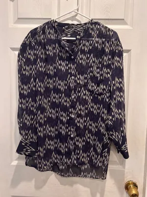 Zara Women Purple Geometric Ikat Print Sheer Chiffon Button‎ Up Blouse Large thumbnail 1