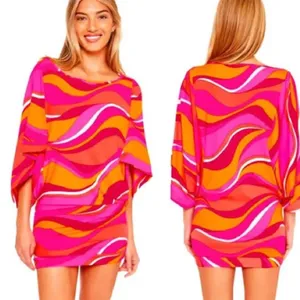 NWT Trina Turk Vivid Vista Pink/Orange Cover Up Mini Swim Tunic Dress Size Small thumbnail 7