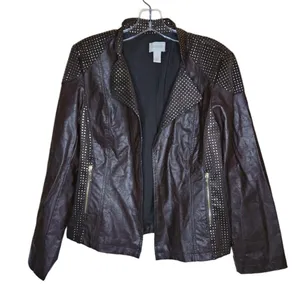 Chico's Chocolate Brown Open Front Faux Leather Lined Jacket Gold Studded Size 1 thumbnail 2