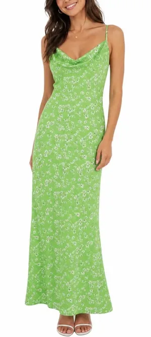 Green Floral Cowl Neck Maxi Dress Open Back Spaghetti Strap Size L thumbnail 1