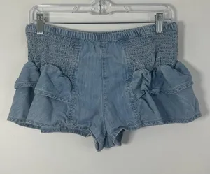 Free People Ruffle Chambray Denim Shorts Smocked Waist XS 100% Cotton thumbnail 1