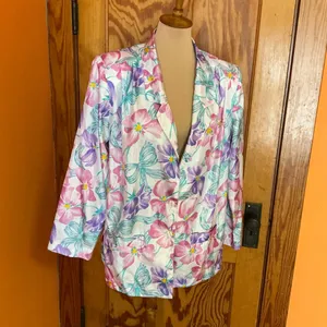 Vintage 80s 90s Floral Blazer Pastel Pink Purple Teal Lightweight Jacket Retro thumbnail 8