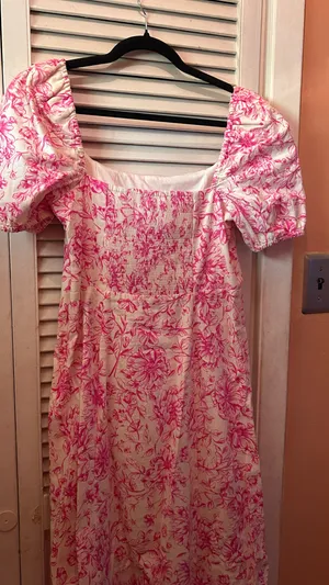 London Times Pink Floral Midi Dress – Puff Sleeves thumbnail 1
