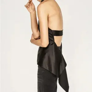 ZARA Satin Effect Open Back Top Asym Hem Dressy Black Halter Sz. S preowned thumbnail 2