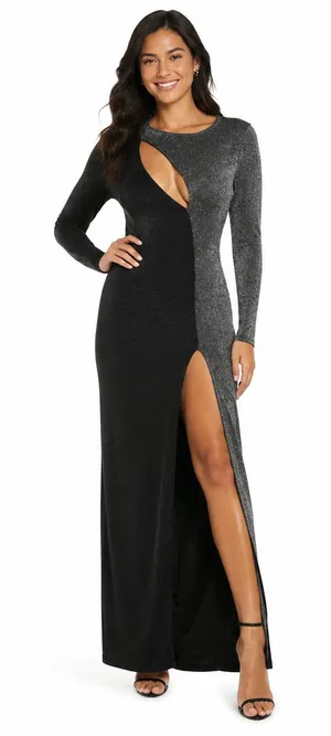 Naked Wardrobe Dress Womens XS Black Silver Metallic Formal Evening Gown Wedding thumbnail 1