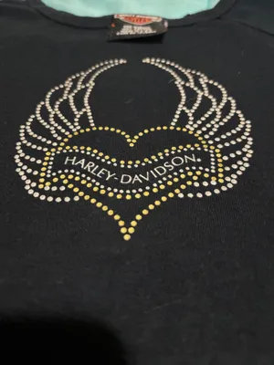 Harley-Davidson Black Tee with Gold & Silver Rhinestone Heart Wings medium thumbnail 4