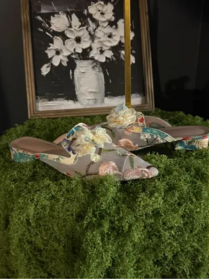 Embroidered Pointed Slip-On Mules in Taupe with Floral Accents thumbnail 2
