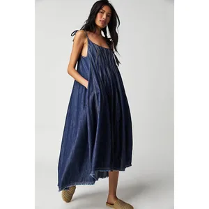 Free People Denim Dreams Midi Maxi Dress in 70s Blue Large Jean Jumper Retro thumbnail 5