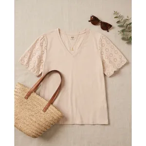 Good Hart Women's Eyelet Sleeve V-Neck Top Creme XXL thumbnail 4
