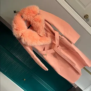 NEW - Dusty Peach Chic removable Faux Fur Collar Coat gold buttons belt pocket thumbnail 4